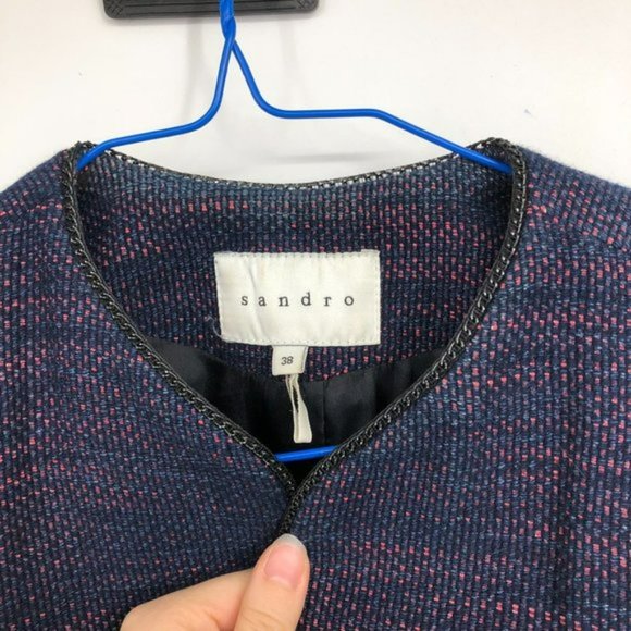 Sandro Valentin Blue and Red Tweed Blazer Jacket leather  shoulder chain details - Picture 14 of 16